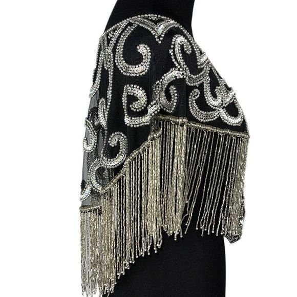 Vintage Silver Beaded Sequin Caplet Shawl Made in India Sparkle Evening … - Picture 8 of 10